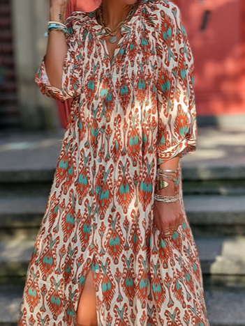 Notched Vacation Loose Ethnic Dress