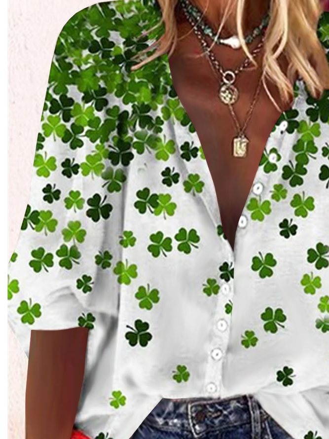 St. Patrick's Day Casual Four-Leaf Clover Printed Loose Blouse