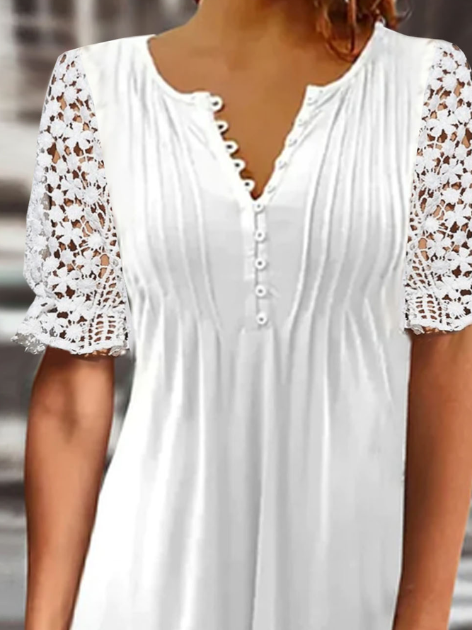 Notched Plain Jersey Patchwork lace Casual Tunic Blouses