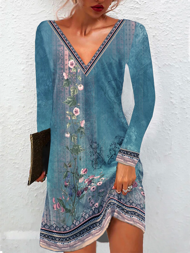 Floral V-neck Daily Loose Jersey Long Sleeve Dress
