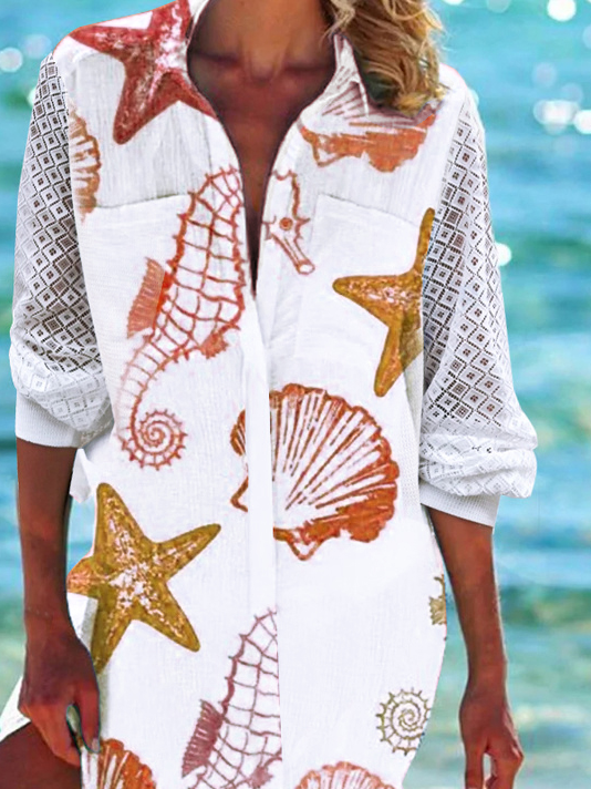 Casual Marine Life Natural Loose Shirt Dress