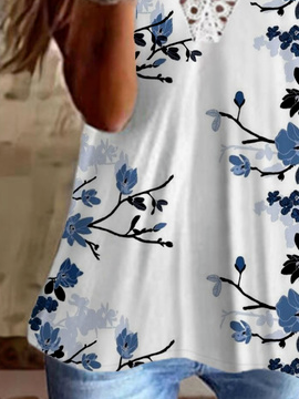 Plus Size Blue Floral Casual Lace Jersey Tank Top