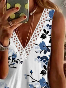 Plus Size Blue Floral Casual Lace Jersey Tank Top