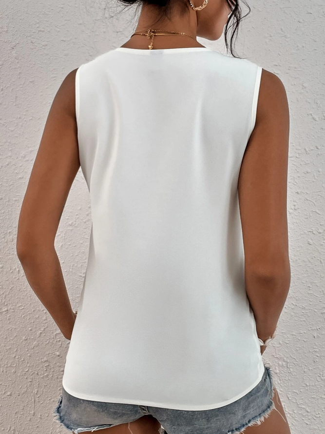 Casual Plain V Neck Lace Edge Tank Top