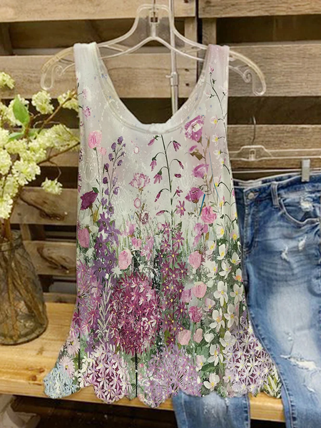 Plus Size Crew Neck Floral Loose Casual Tank Top