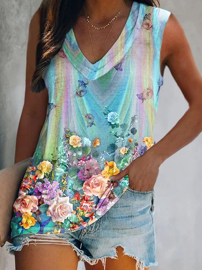 Casual Blue Floral Tank Top