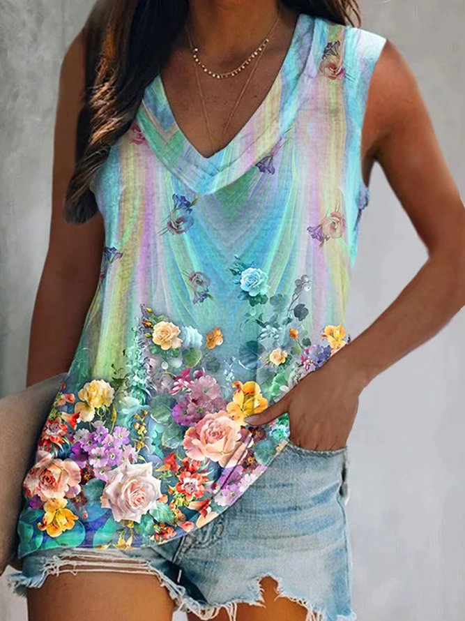 Casual Blue Floral Tank Top