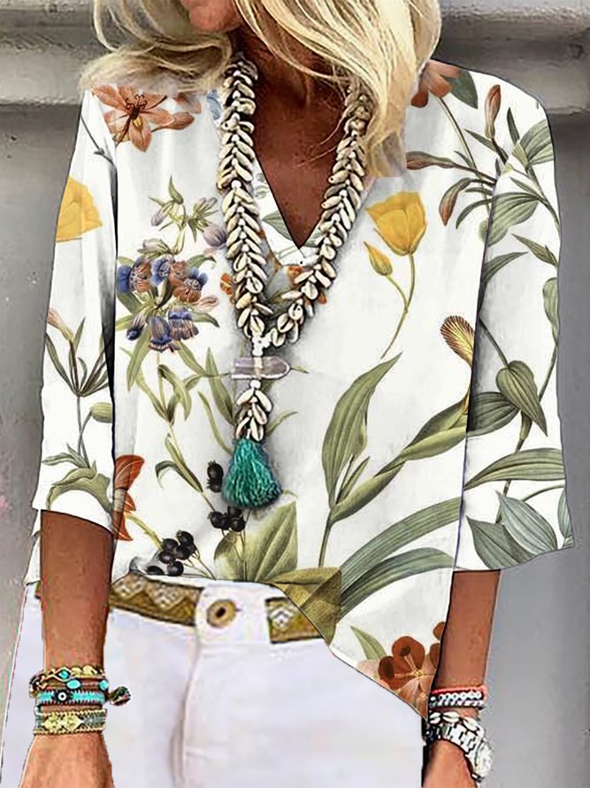 Floral Printed Casual V Neck Blouse