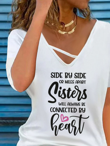 Jersey V Neck Casual Text Letters Printed Blouses