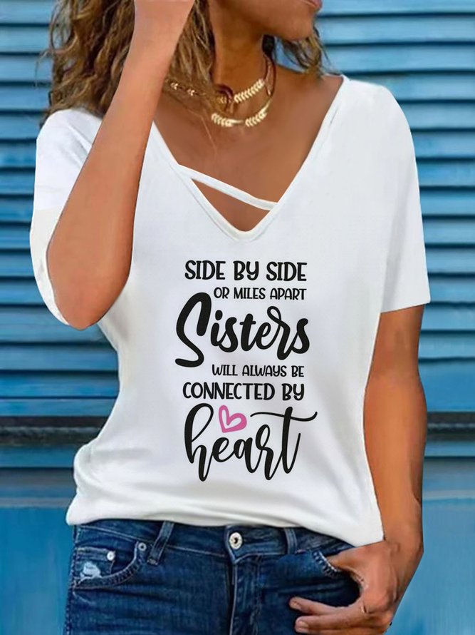 Jersey V Neck Casual Text Letters Printed Blouses