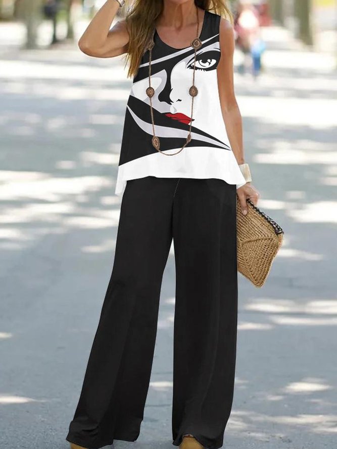Crew Neck Facial Pattern Casual Two-Piece Set