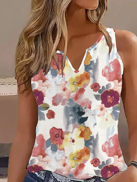 Floral Casual Loose Notched Tank Top