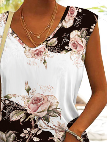 V Neck Casual Jersey Floral Printed Tank Top
