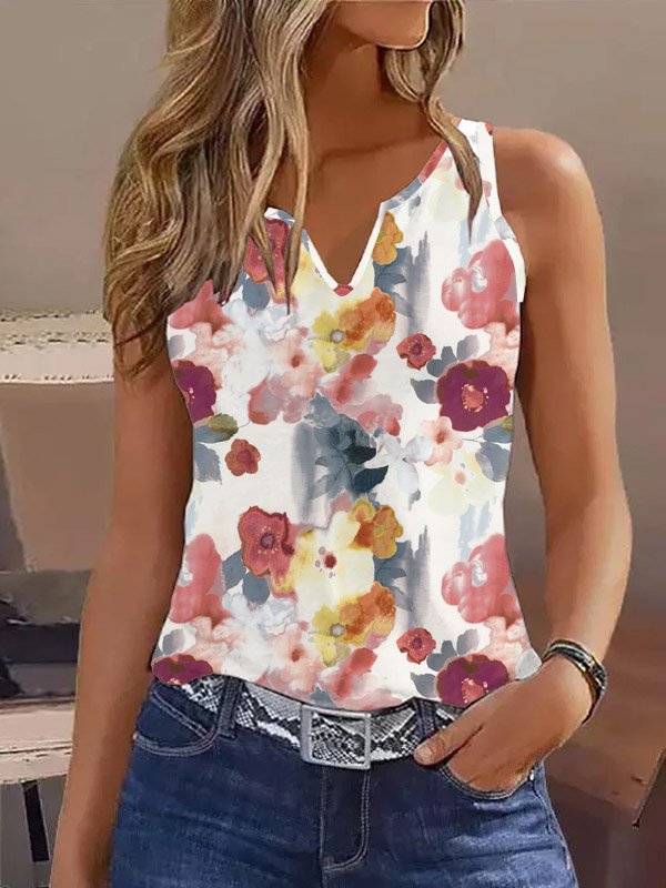 Floral Casual Loose Notched Tank Top