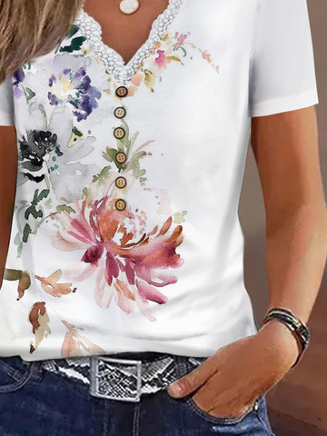 V Neck Patchwork lace Jersey Casual Floral Printed Blouses