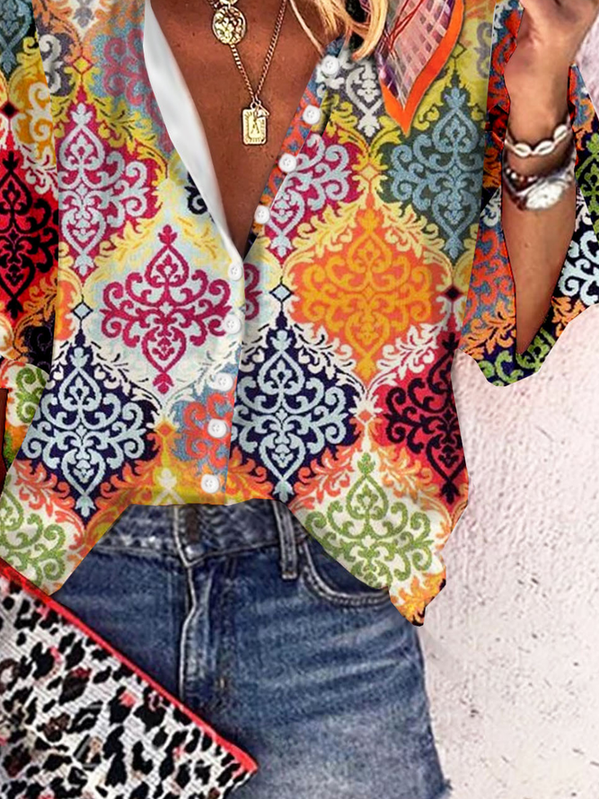 Ethnic Printed Loose Stand Collar Casual Blouse