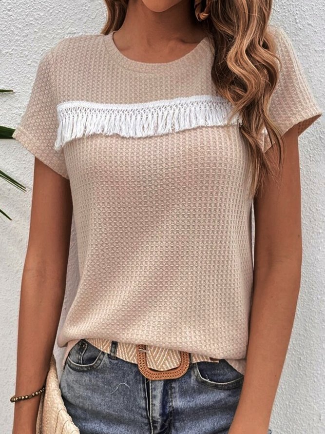 Plain Short Sleeve Tassel Lace Crew Neck Casual Shirt
