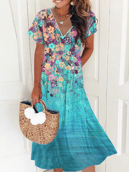 Plus Size Loose Jersey Vacation V Neck Dress