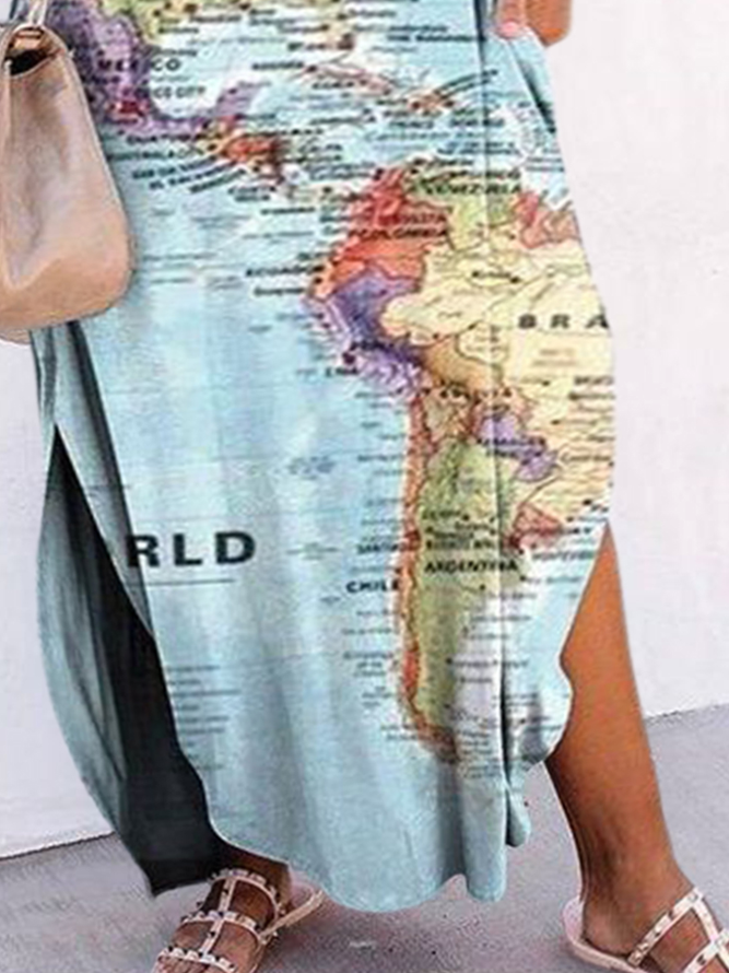 Plus Size V Neck Casual Map Printed Jersey Dress