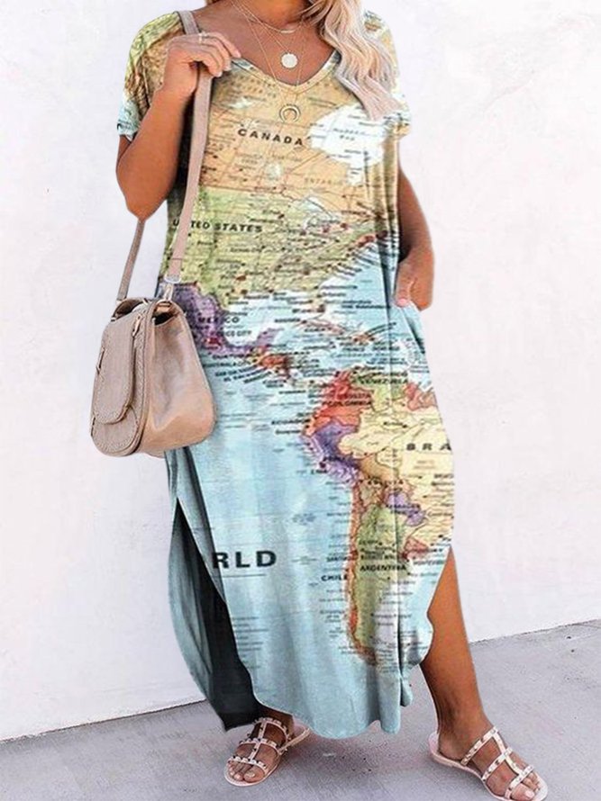 Plus Size V Neck Casual Map Printed Jersey Dress