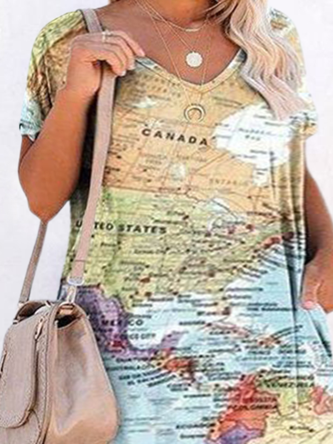Plus Size V Neck Casual Map Printed Jersey Dress