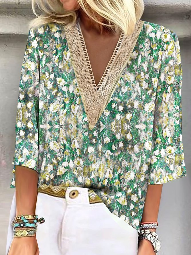 V Neck Casual Random Print Blouses