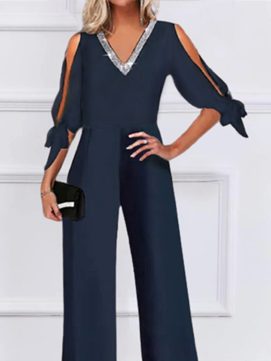 Plain Lace-up Half Sleeve Glitter V Neck Casual Jumpsuit