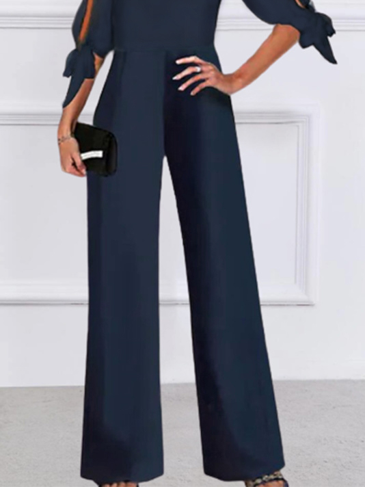 Plain Lace-up Half Sleeve Glitter V Neck Casual Jumpsuit