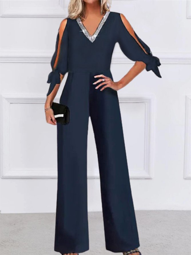 Plain Lace-up Half Sleeve Glitter V Neck Casual Jumpsuit