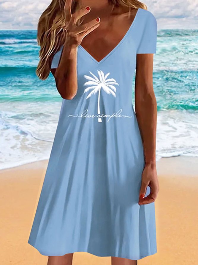 Jersey V Neck Coconut Tree Printed Casual Dress