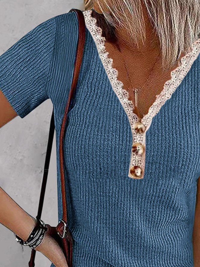 Lace V Neck Casual Polyester Cotton Shirt