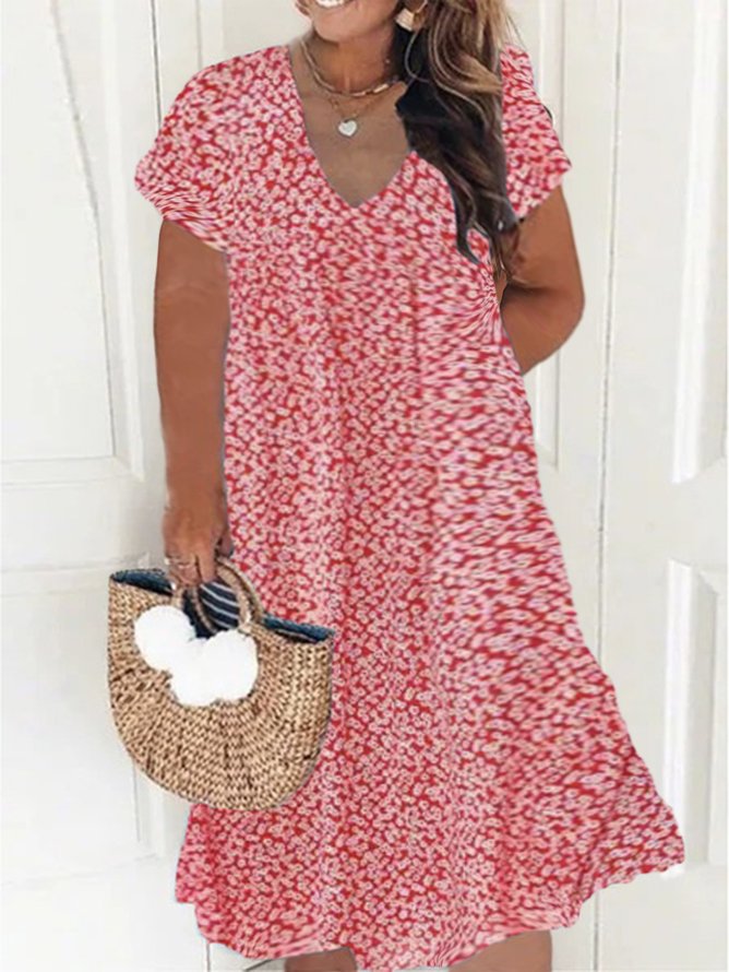 Plus Size V Neck Floral Vacation Loose Dress