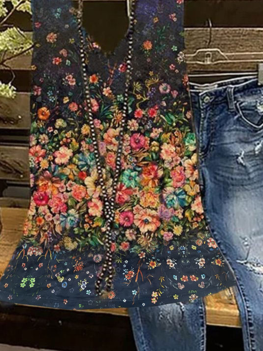 Vintage V Neck Printed Sleeveless Shirt & Top