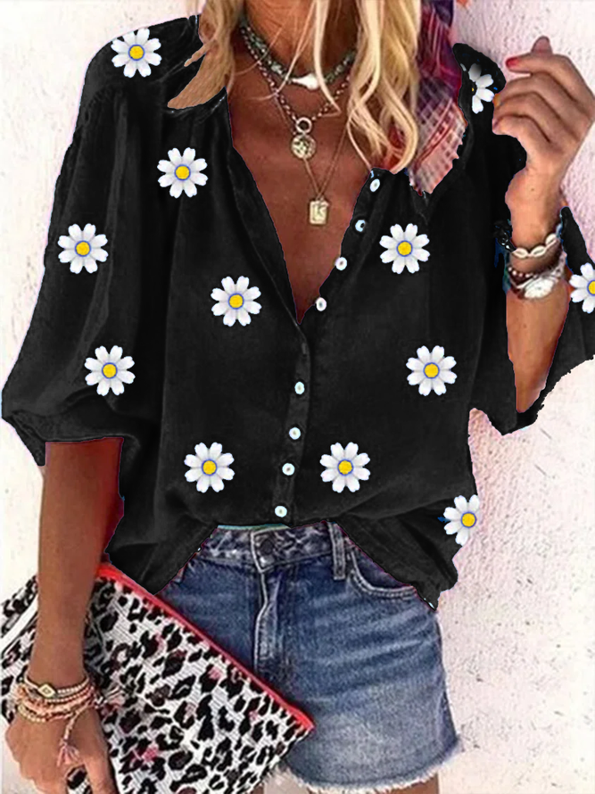 Casual Daisy Loose V Neck Three Quarter Sleeve Blouse