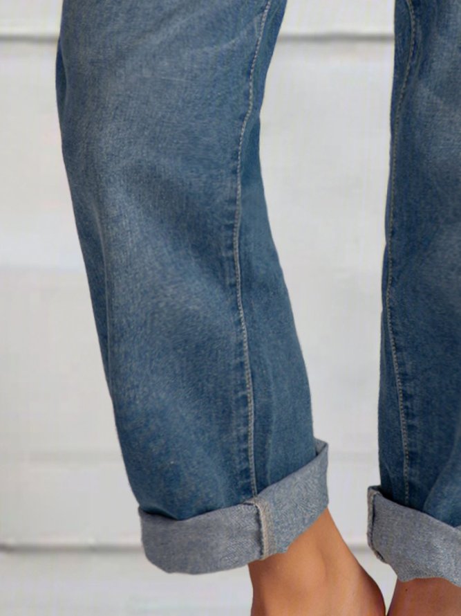 Blue Denim Buttoned Long Jeans Plain Daily Casual H-Line Straight Pants With Pockets