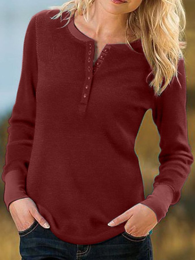 Buttoned Round Neck Long Sleeve T-shirt