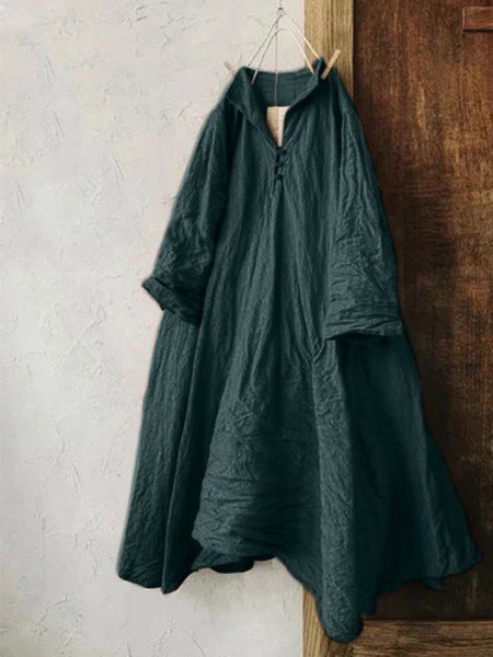Vintage 3/4 Sleeve Plain V Neck Casual Weaving Dress