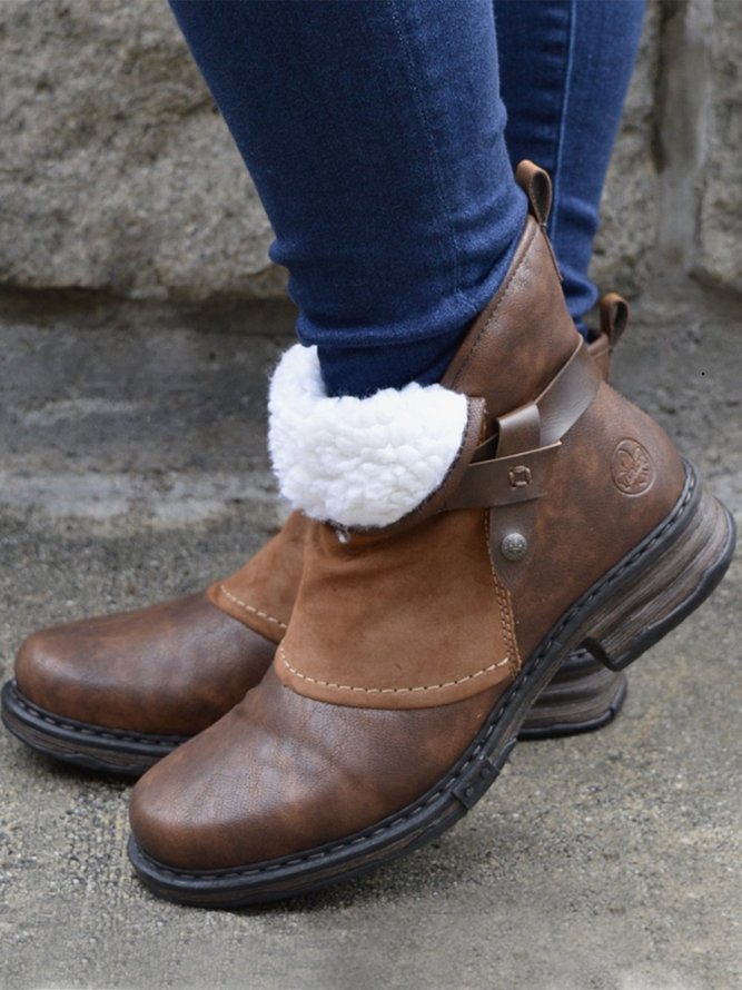 Brown Pu Low Heel Boots