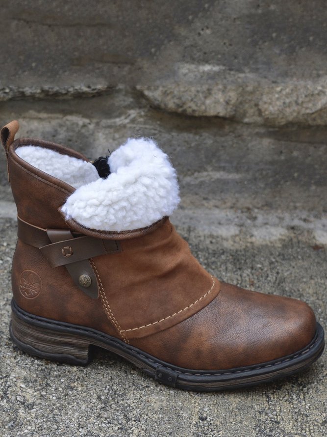 Brown Pu Low Heel Boots