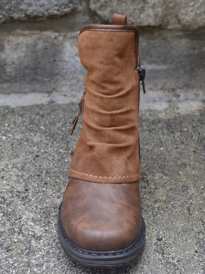 Brown Pu Low Heel Boots