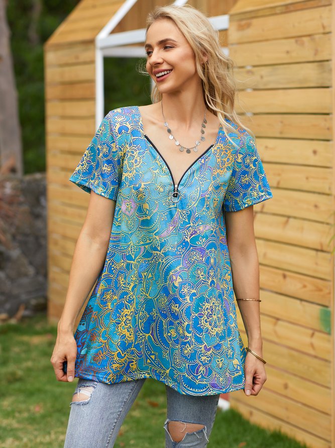 Women's Summer Pattern Style Polyester Cotton Casual Printed T-shirt