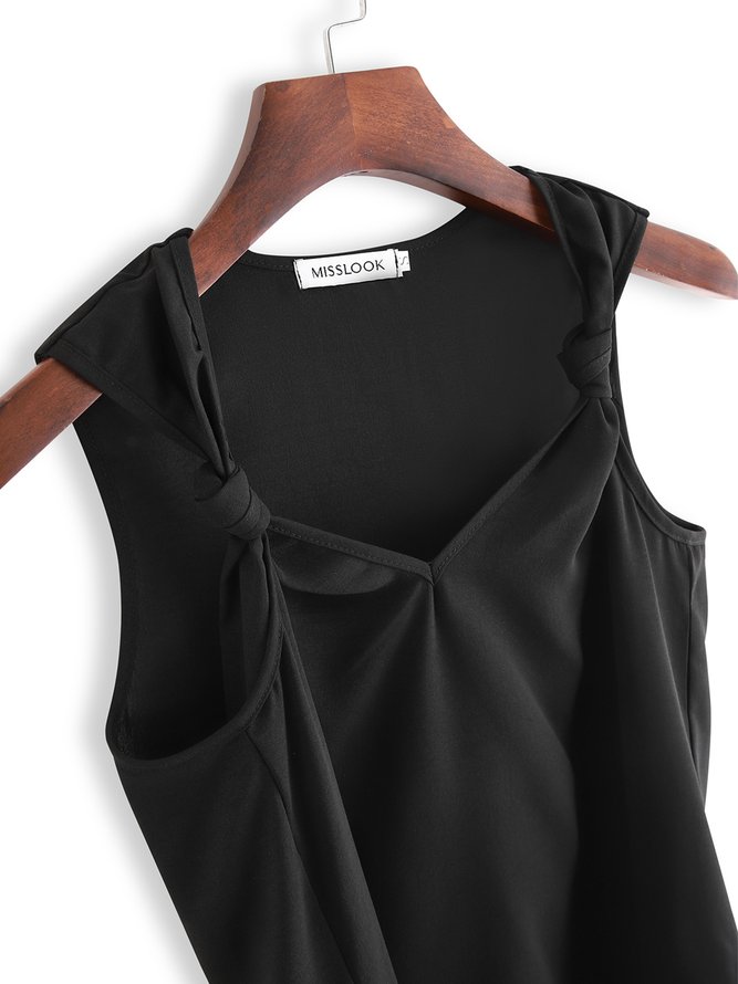 Vintage Tied Detail Sleeveless Solid V Neck Casual Vest Top