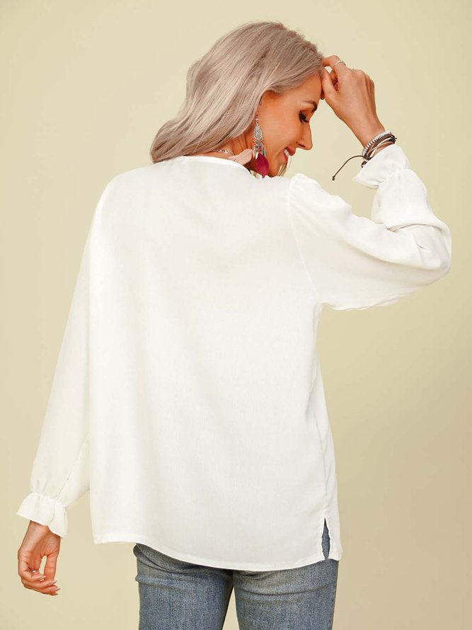 Long Sleeve Shift Plain V Neck Top