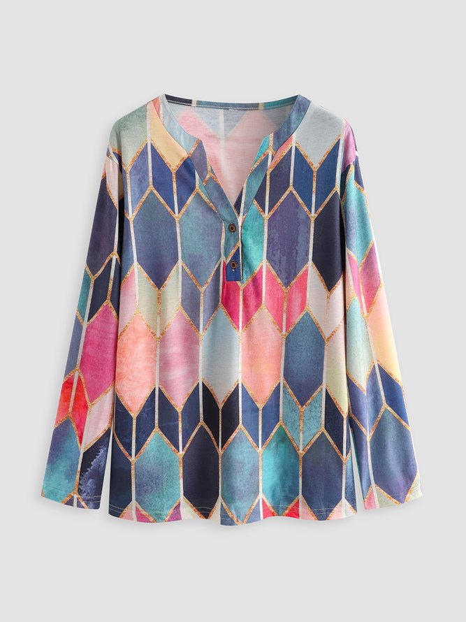 Women Casual Geometric Color Block Long Sleeve Shirt