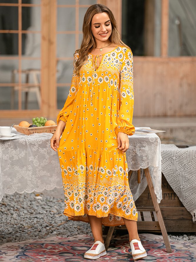 Floral Shift Long Sleeve Boho Weaving Dress