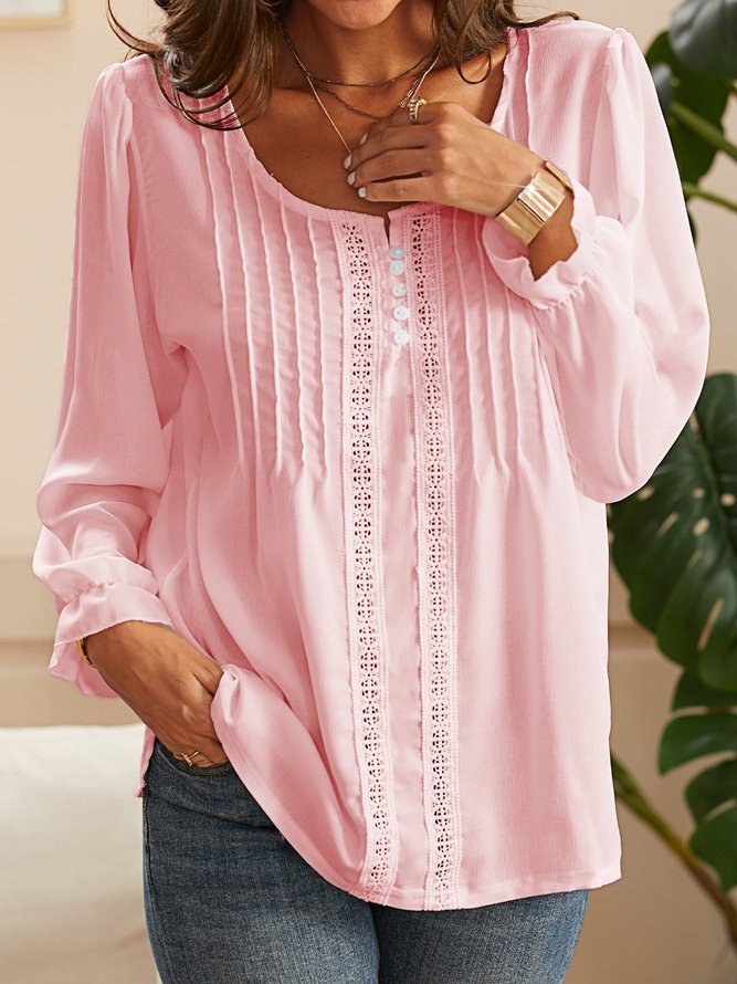 Long Sleeve Shift Plain V Neck Top