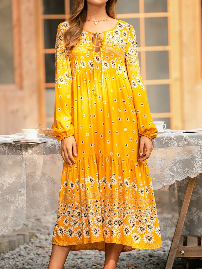 Floral Shift Long Sleeve Boho Weaving Dress