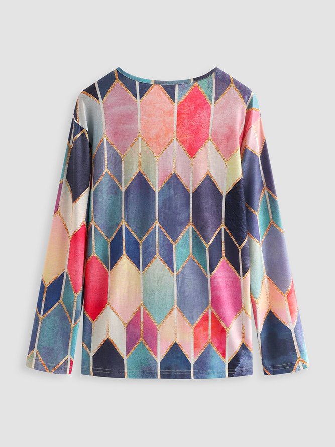 Women Casual Geometric Color Block Long Sleeve Shirt