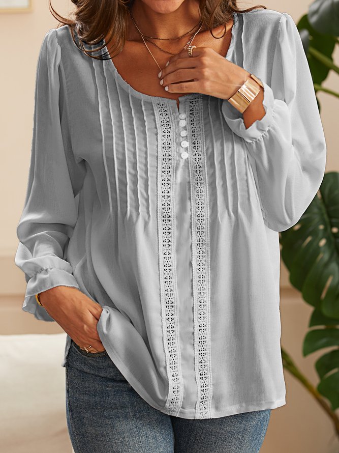 Long Sleeve Shift Plain V Neck Top