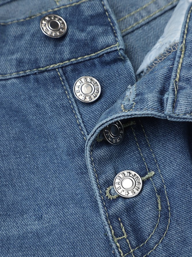 Blue Denim Buttoned Long Jeans Plain Daily Casual H-Line Straight Pants With Pockets